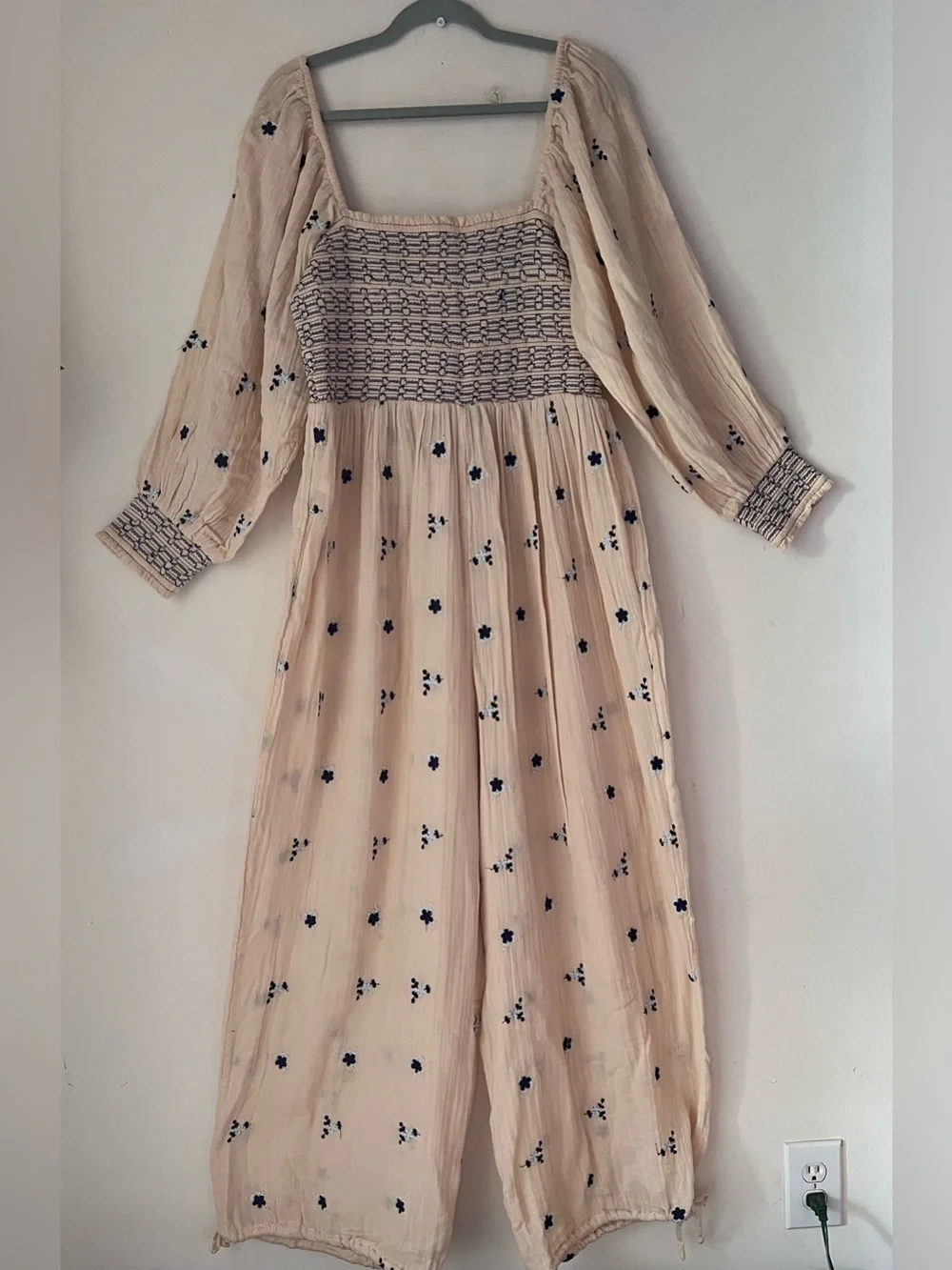 Free People Dahlia Smocked Wide Balloon Leg Jumpsuit Ecru Boho Embroidered  Sz L